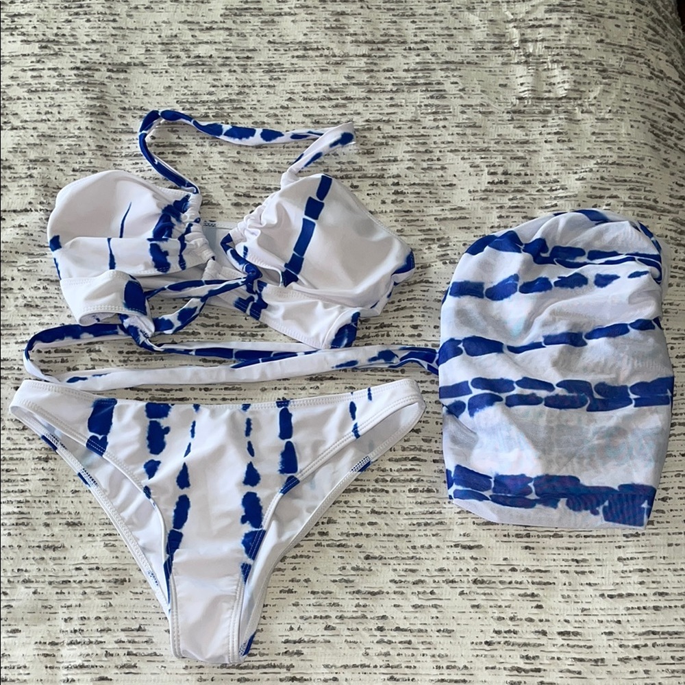 Blue and White Marbled Bikini Swimwear with matching cover up